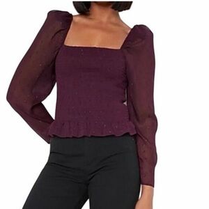 NWOT Express purple smocked blouse with sparkles and sheer puff sleeves size L